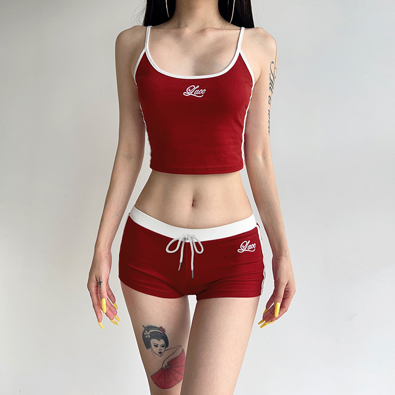 Y2k conjunto de roupas femininas de verão, letras bordadas, cor contrastante, sexy, slim, costas nuas, tops + cordão, cintura elástica, shorts
