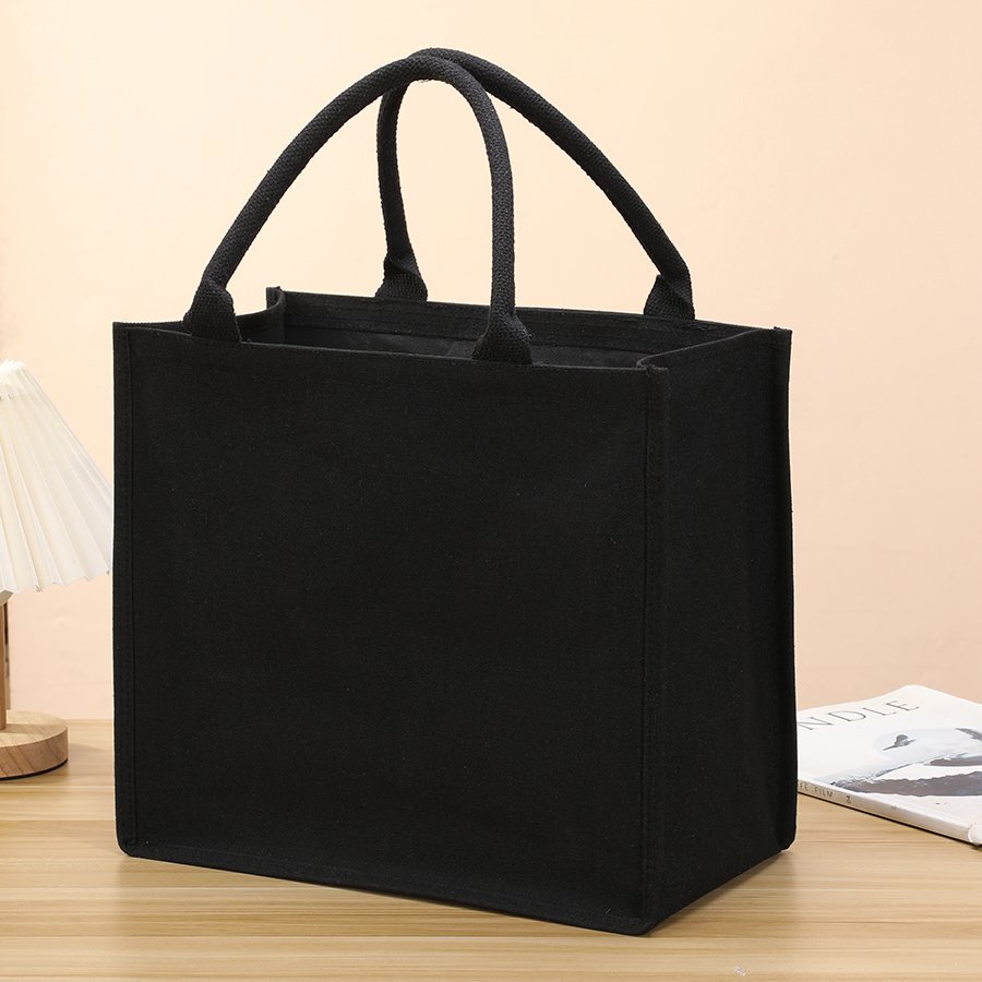 Bolso de mano de lona grueso de ocio, bolso de compras simple de gran capacidad tridimensional negro para hombres y mujeres