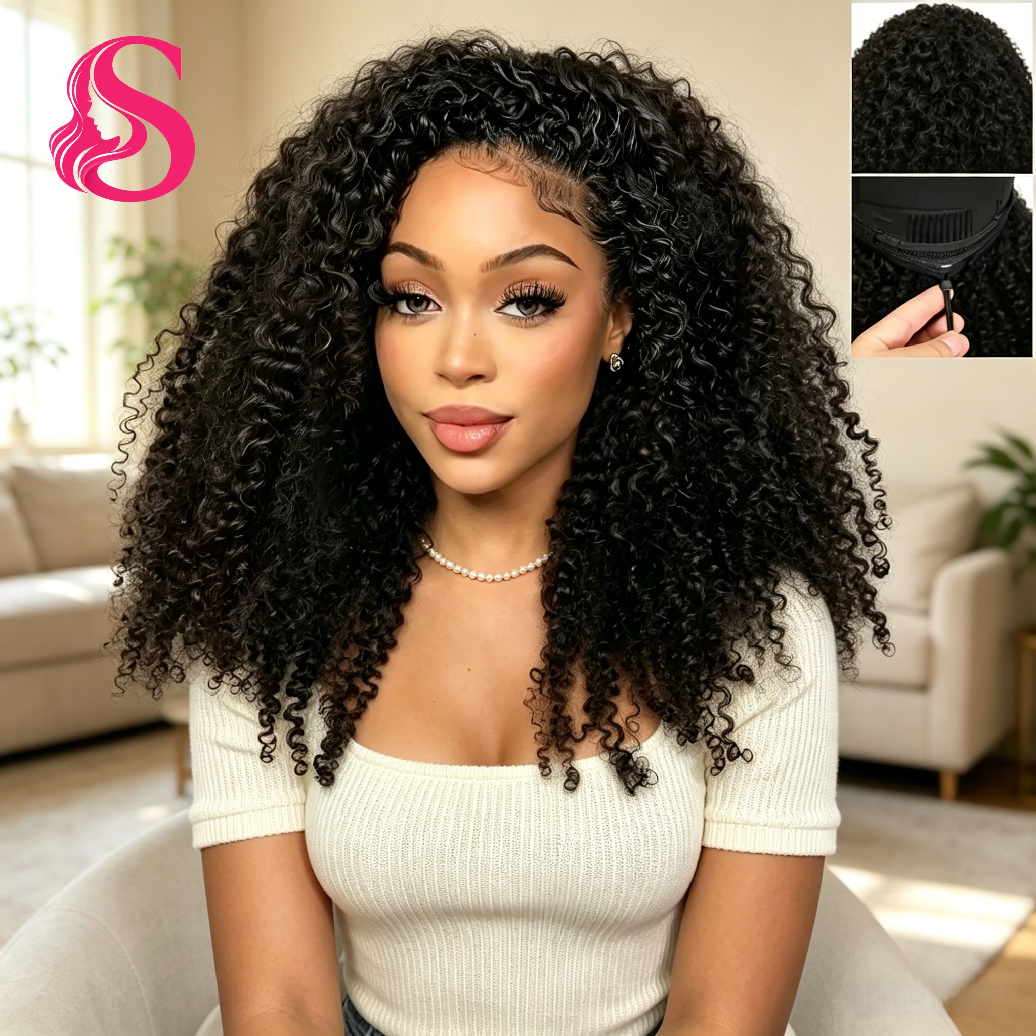 วิกผมครึ่งศีรษะ Smilegirl Kinky Curly 3 in 1 แบบมีเชือกผูก ความหนาแน่น 200% วิกผมครึ่งศีรษะแบบผมมนุษย์หยิกฟู วิกแบบไม่ต้องใช้กาว วิกผมมนุษย์ครึ่งศีรษะ