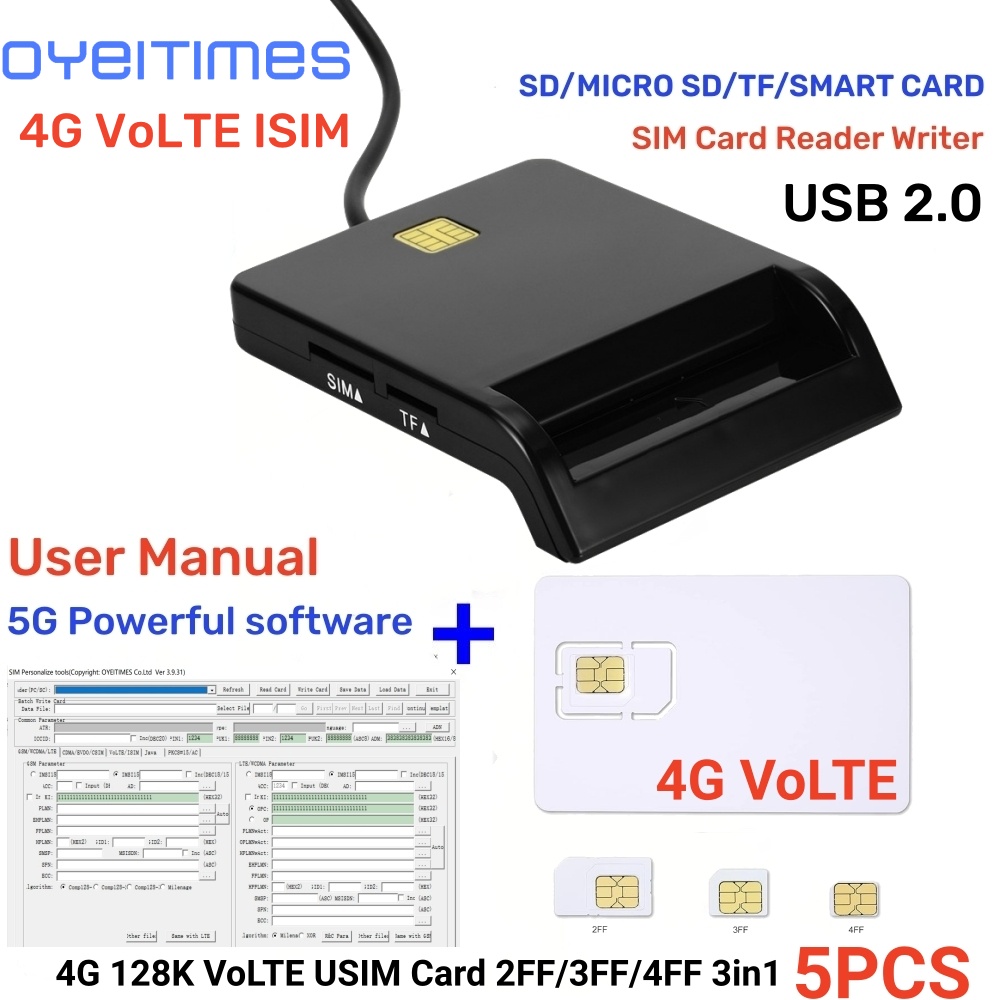 OYEITIMES lector de tarjetas SIM + 5 uds 2FF/3FF/4FF programable 4G VoLTE ISIM tarjeta USIM WCDMA GSM USIM + herramientas personalizadas SIM