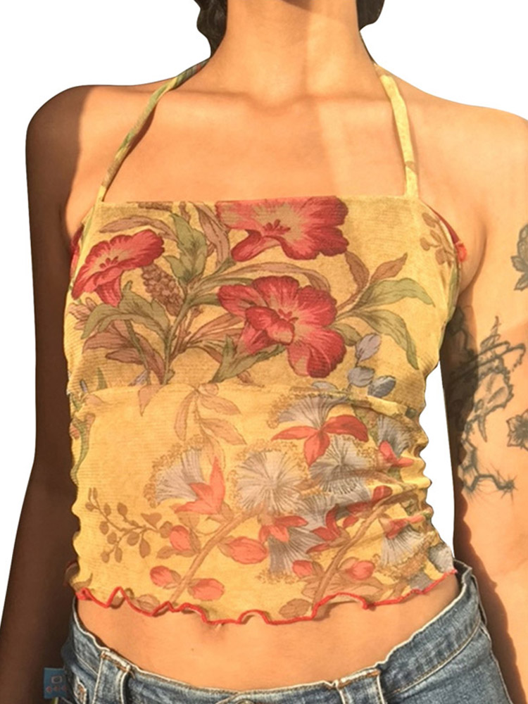Y2K Mesh Sheer Floral T-shirt Vintage Halter Tops Women Sleeveless Slim Fit Crop Top Harajuku Streetwear