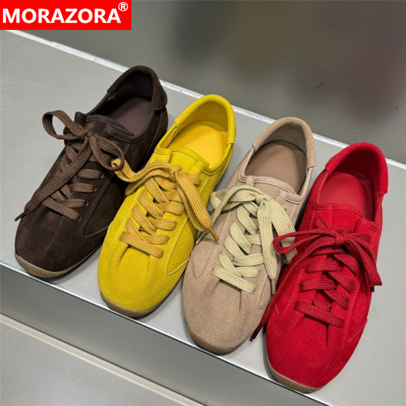 MORAZORA INS HOT Cow Suede Leather Women Sneakers Fashion Lace Up Flat Sneakers Spring Summer Fashion Casual Shoes Red Yellow