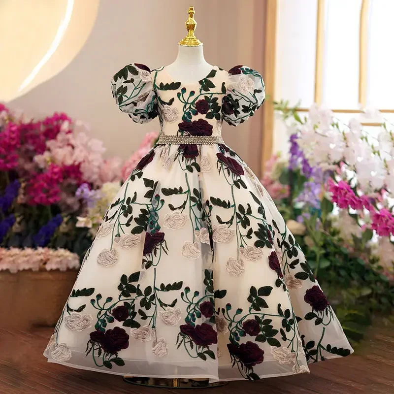 Tieners Meisjes Elegante Luxe Lange Avondjurken Kinderen Geborduurde Mesh Prinsessenjurken Kinderen Formele Prom Jurken 3-15y