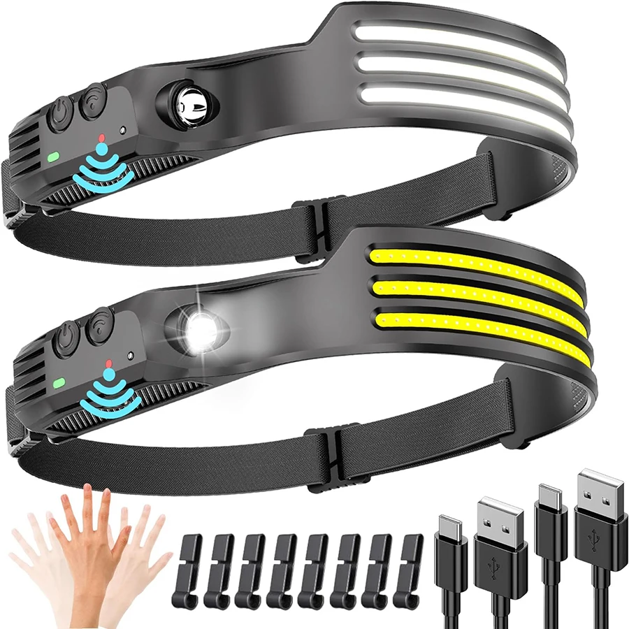 COB светодиодный индукционный налобный фонарь, перезаряжаемый через USB фонарь, фонарик со встроенным аккумулятором, 5 режимов освещения, уличный фонарь для кемпинга и рыбалки