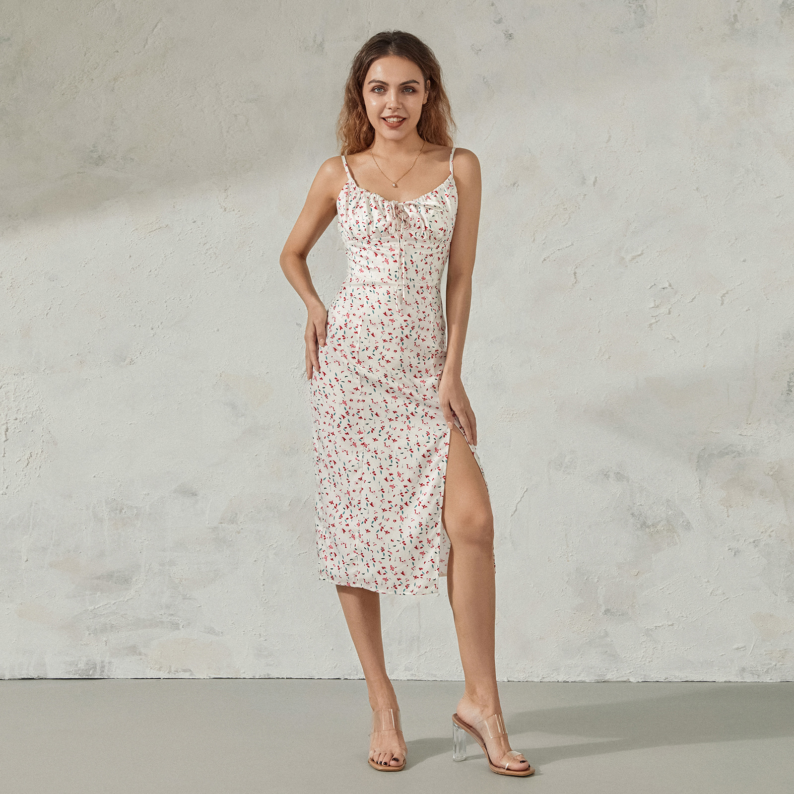 Vestido Midi con estampado Floral para mujer, vestido sin mangas con tirantes finos, corpiño, Espalda descubierta, abertura hasta el muslo, ajustado