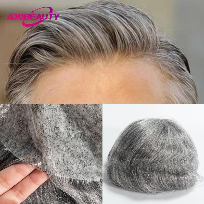 Perucas de cabelo humano indiano, peruca de pele fina com nós, linha fina natural invisível, sistemas de cabelo indiano, prótese de cabelo masculino