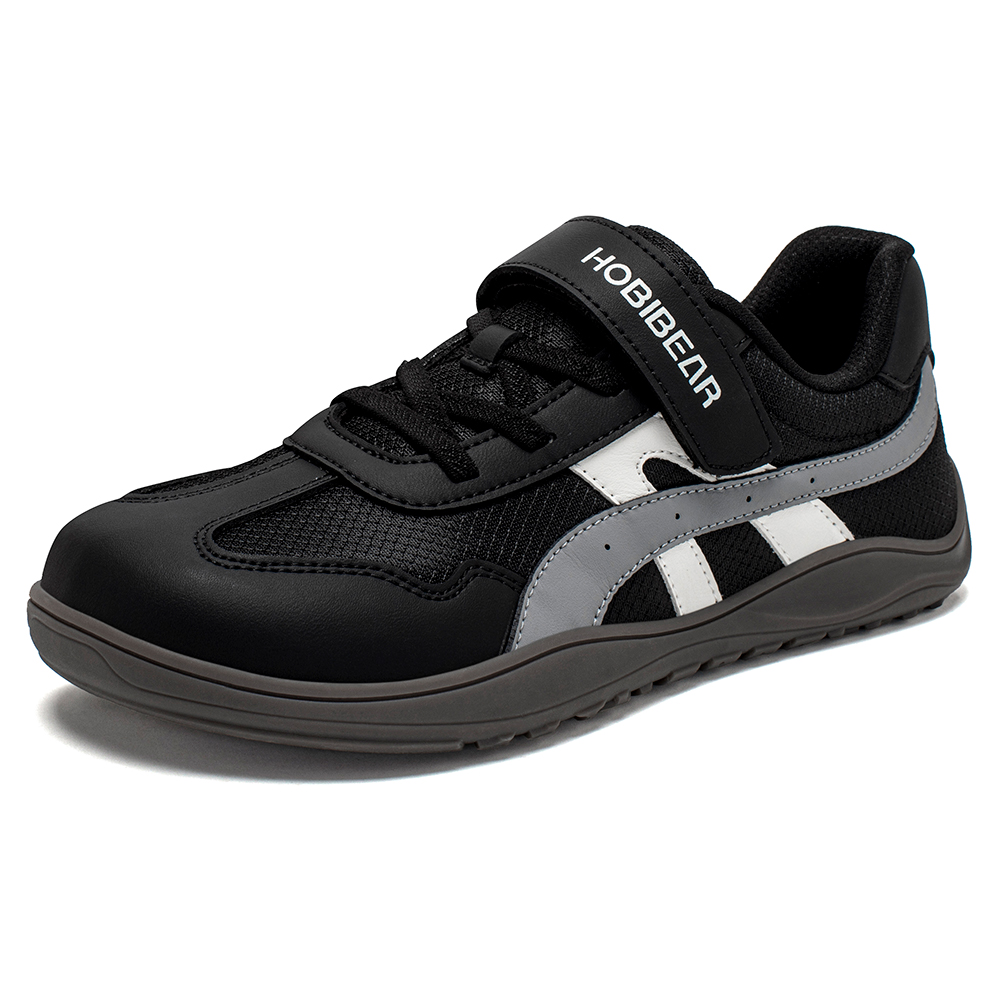 HOBIBEAR Buty z szerokim noskiem dla chłopców i dziewcząt, barefoot, zero drop, sneakersy na rzepy, ze sztucznej skóry i oddychającej siateczki dla starszych dzieci.
