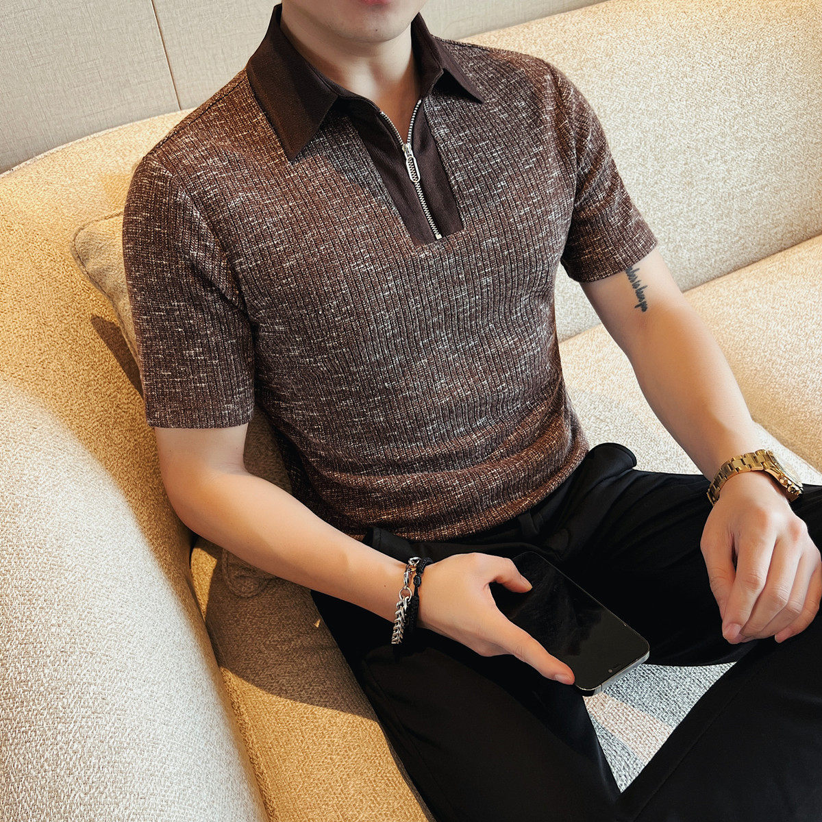 British Style Knitted Polo Shirt Men's Short Sleeved Lapel Zipper T-shirt Breathable Trendy Cool Summer Top Casual Business POLO