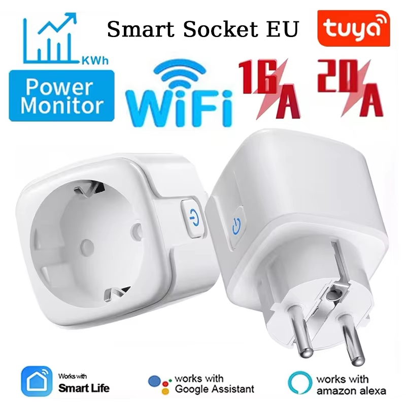 Tuya-enchufe inteligente WiFi, 16A/20A, UE, con función de sincronización de monitoreo de energía, aplicación Smart Life, Control por voz a través de Alexa y Google