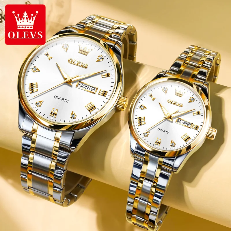 Olevs 5563 luxo quartzo casal relógios de aço inoxidável à prova dwaterproof água relógio masculino feminino duplo calendário moda relógio mão