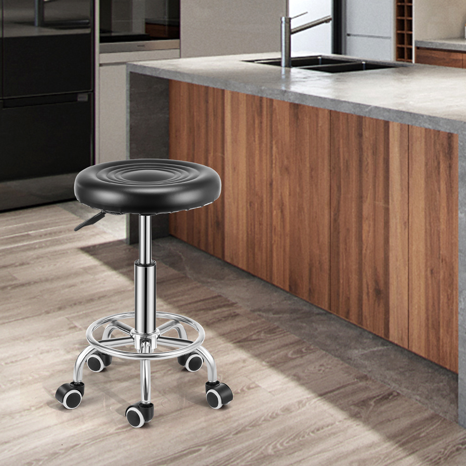 Round Bar Stool PU Leather with Footrest Height Adjustable Swivel Pub Chair Home Kitchen Bar stools Backless Stool (Black)