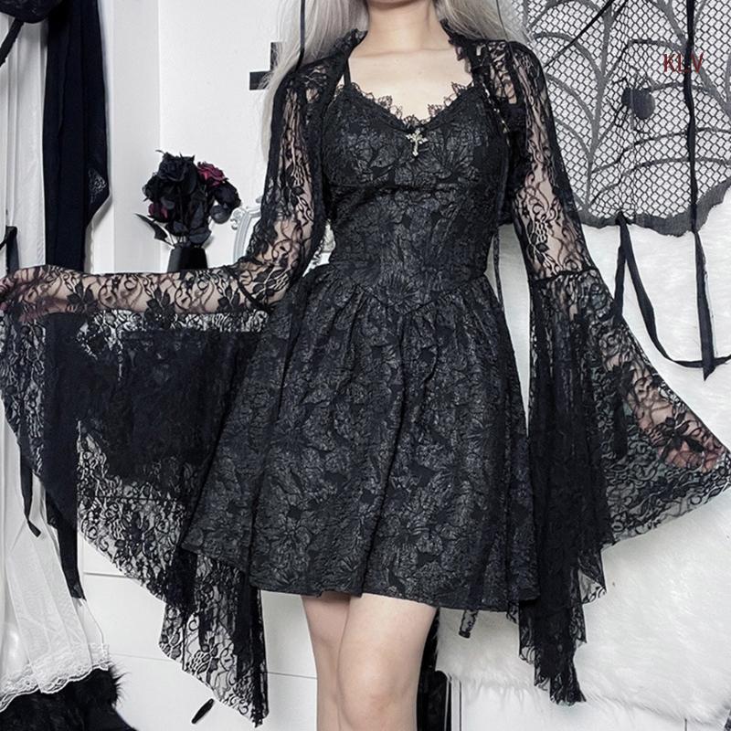 Women's Long Sleeve Crop Tops Blouses Shirt Top Punk Shrugs Cardigan Lace Mesh Crop Top Cosplay Outfits Streetwear