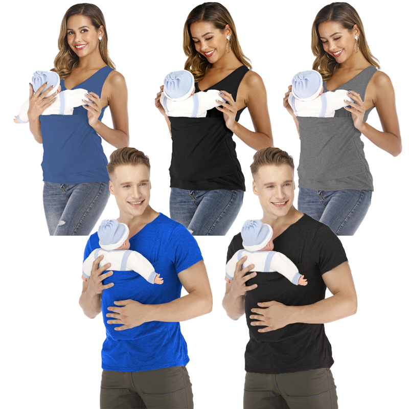 Camiseta de bolso canguru de segurança portador de bebê verão roupas de gravidez mãe pai manga curta topos alimentação náilon algodão t