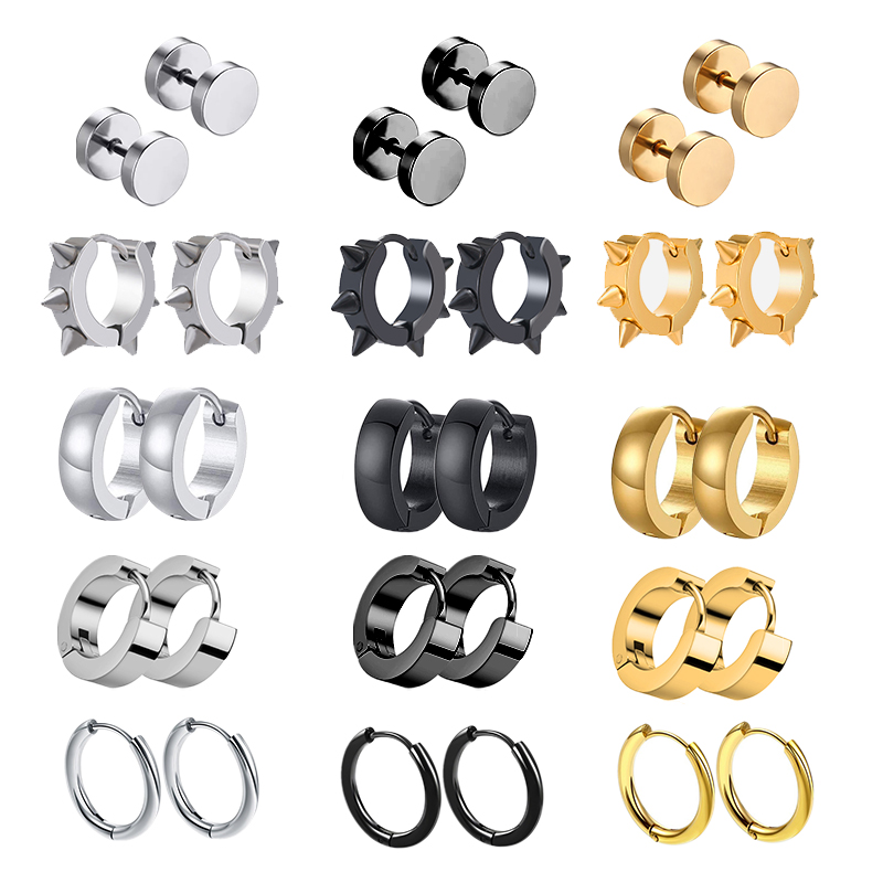 1 par de pendientes de acero inoxidable de Color negro dorado Unisex de varios tipos para mujeres y hombres, Piercing gótico Punk, pendientes falsos, joyería