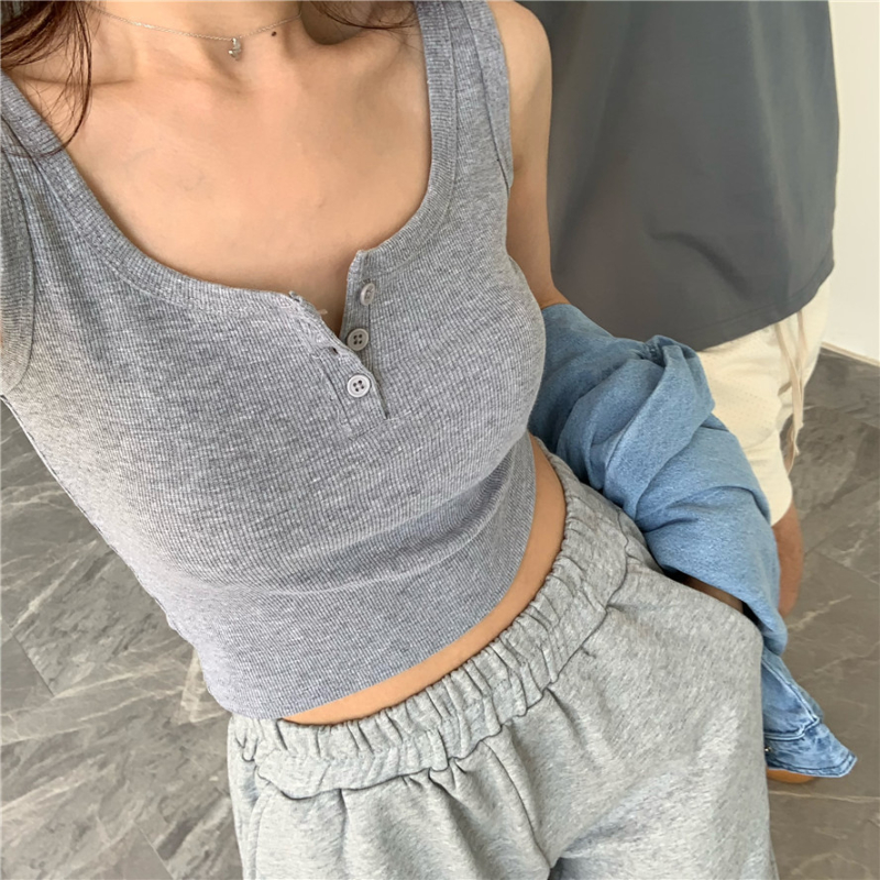 New Sexy Tank Top Button Ribbed Crop Tops Women Summer Camis U-neck Camisole Fashion Casual Tube Female Sleeveless Cropped Vest