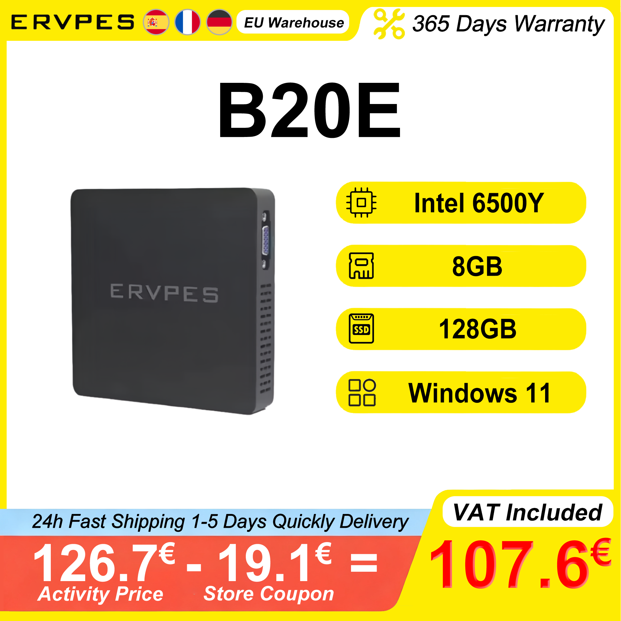 ERVPES Mini-PC B20E 8GB RAM 128GB SSD ROM 6500Y Windows 11 Bluetooth 5.2 Micro-Desktop-Computer HDMI Dual-Band-WLAN