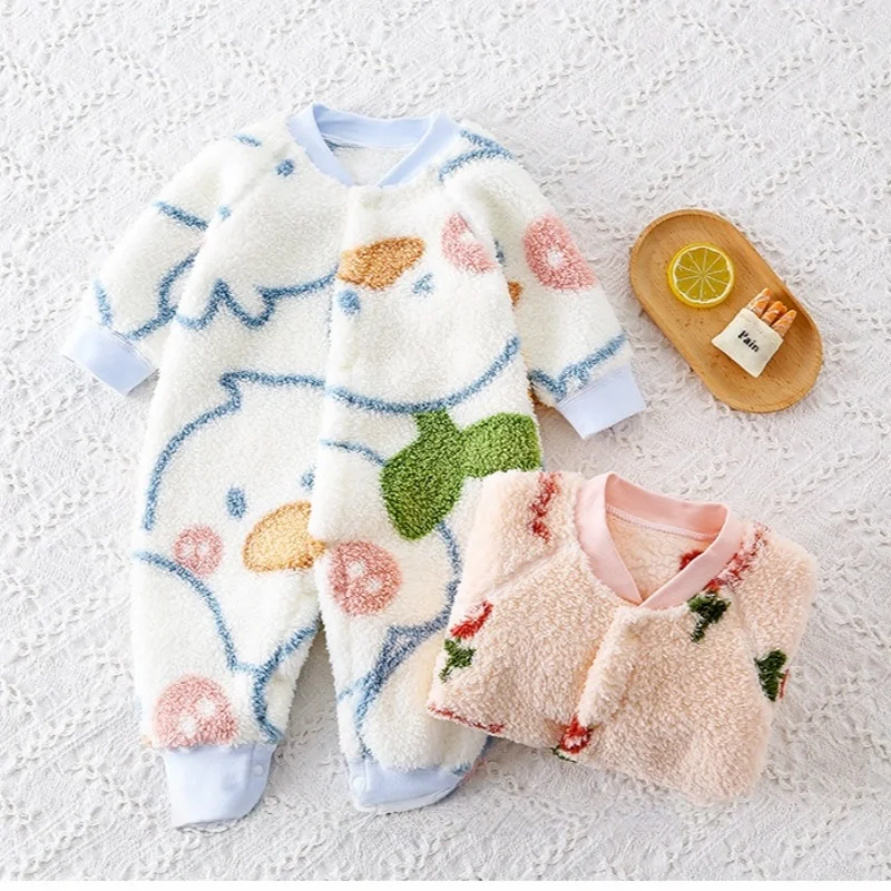 2026 Boys Girls Winter Spring Jumpsuit 0-24M Newborn Fleece Lined Long Sleeve Onesie Infant Cartoon Print Soft Warm Baby Romper
