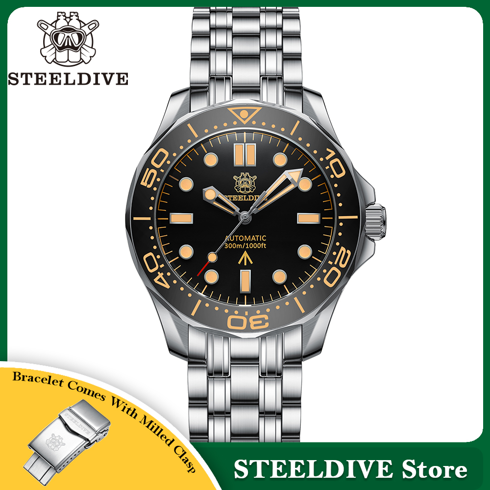 Reloj de Buceo Automático para Hombre STEELDIVE SD1957 con Correa de Acero de 42MM, Bisel de Cerámica Vintage, 300M, Cristal de Zafiro Luminoso NH35