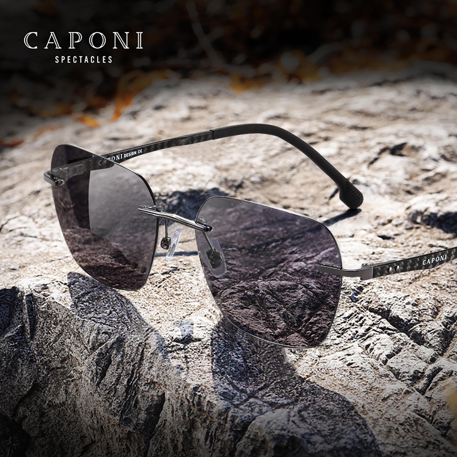 CAPONI แว่นตากันแดดผู้ชายคาร์บอนไฟเบอร์โพลาไรซ์น้ําหนักเบา Rimless Driver แว่นตากันแดด Photochromic สีเทา UV400 แว่นตา BS24610