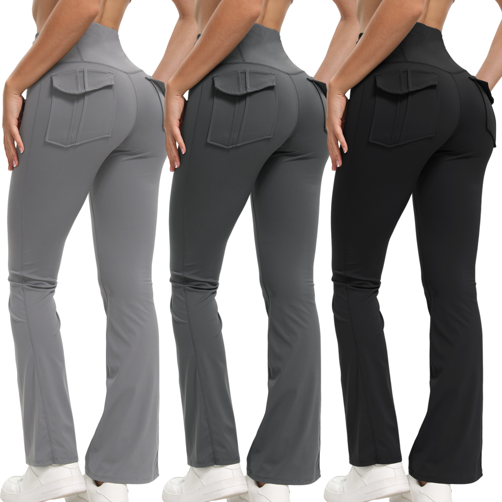 Calças de yoga largas de cintura alta femininas com bolsos leggings bootcut de controle de barriga para academia fitness casual wear