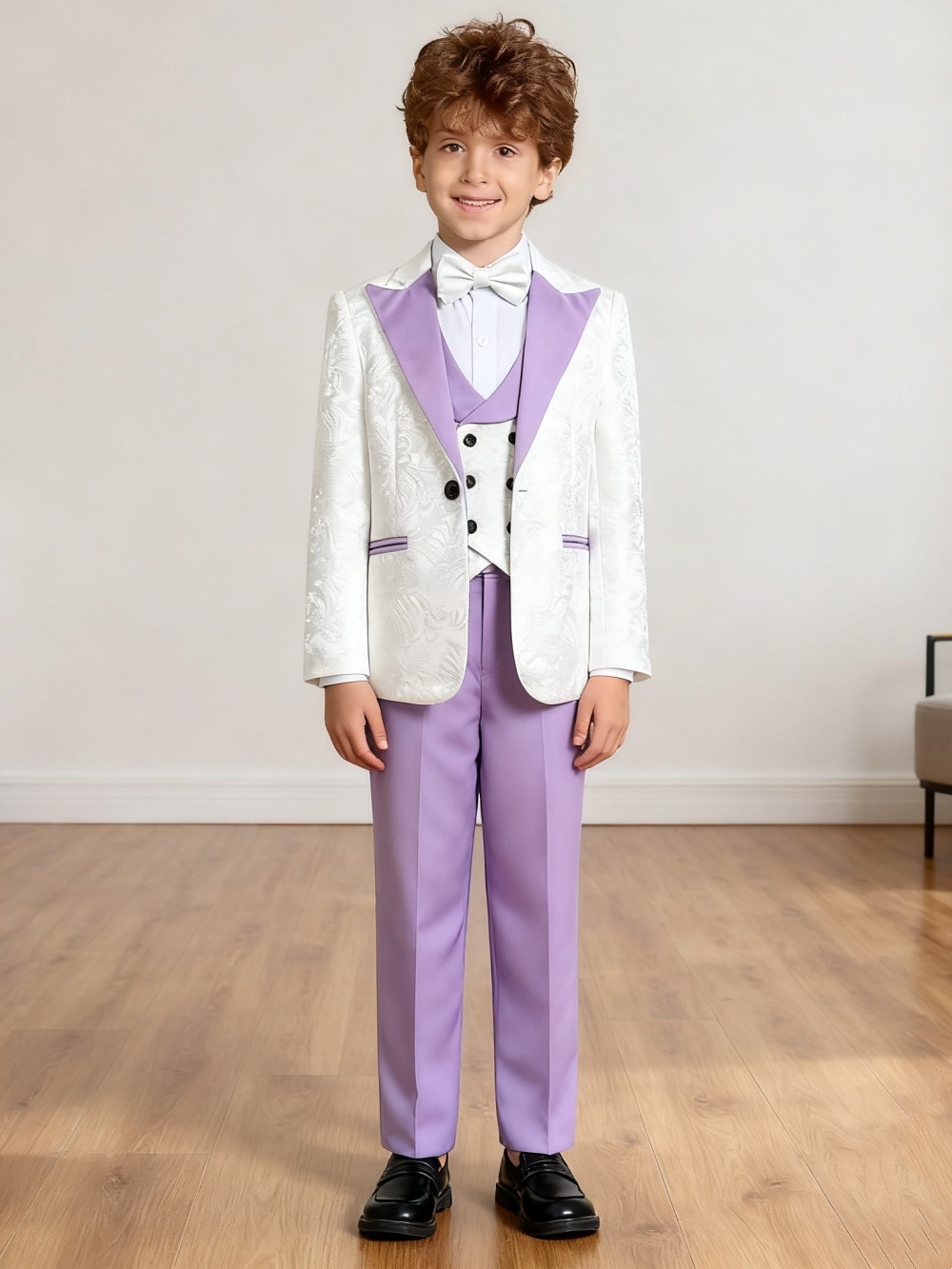 Stilvolles lila Anzug-Set mit Revers für Kinder, Hochzeitsanzüge für Blumenjungen, formelles Anzug-Set für Kinder, 4-teilig, edler Smoking-Anzug