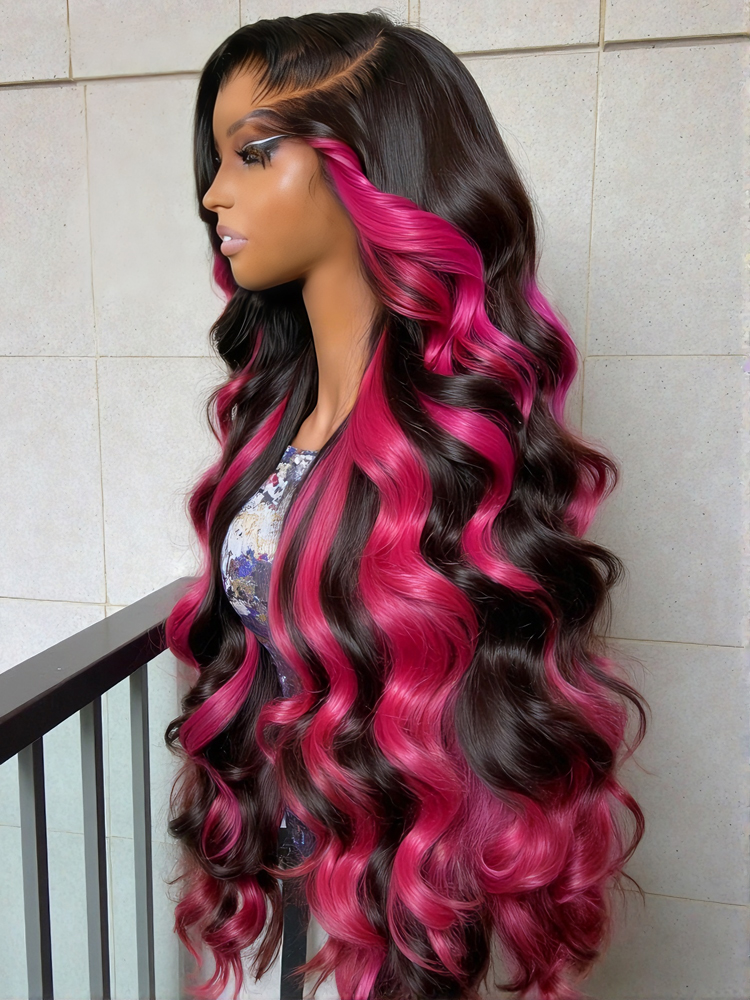 Pelucas brasileñas 1B/Rosa Ombre 13x4 13x6 HD con encaje frontal, 250% de densidad, onduladas, con reflejos, cabello humano, peluca de color rosa y negro