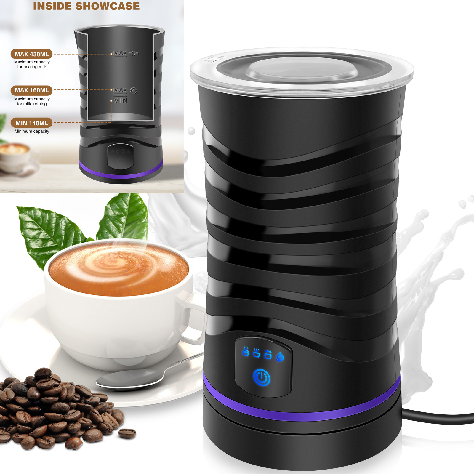 DayPlus 4 w 1 1500 W elektryczny automatyczny spieniacz do mleka parowiec spieniacz, 600 ml gorący i zimny spieniacz do kawy Latte