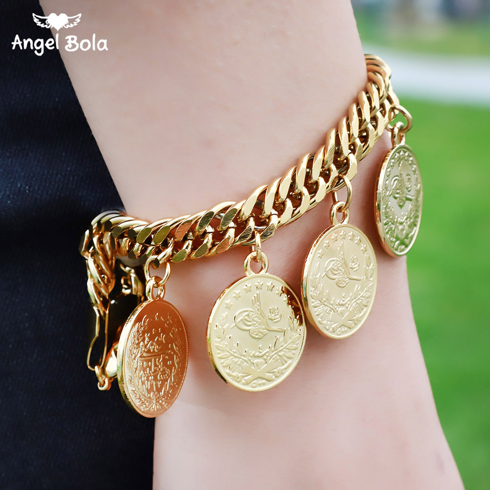 Length19CM/21CM pulsera de moneda de pavo para mujer Color dorado turcos Simgesi Osmanli Turasi musulmán Islam brazalete árabe joyería de Alá