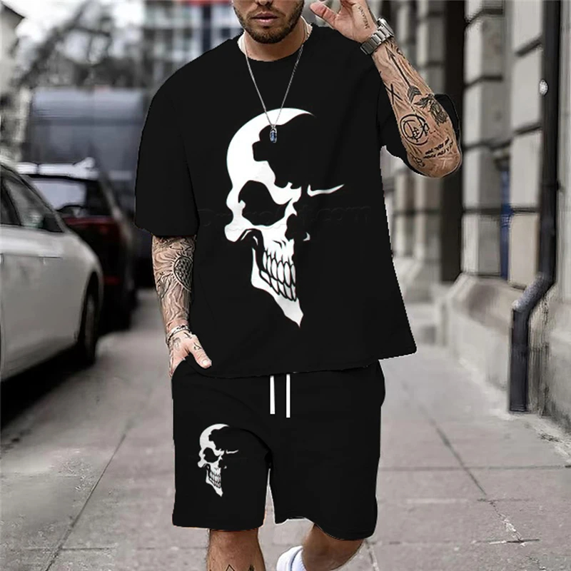 T-shirt con stampa teschio da uomo Casual nuova estate Set t-shirt Streetwear moda t-shirt larghe oversize traspiranti morbide maniche corte e pantaloncini