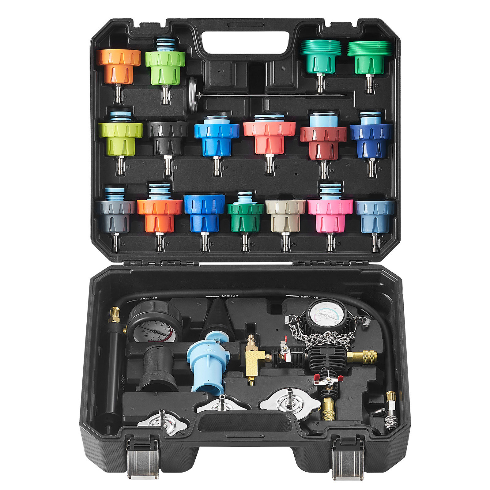 SucceBuy 28 Buah Kit Penguji Tekanan Radiator Universal Kotak Peralatan Adaptor Tutup Uji Baja Berkode Warna Pompa Manual untuk Mobil Sepeda Motor