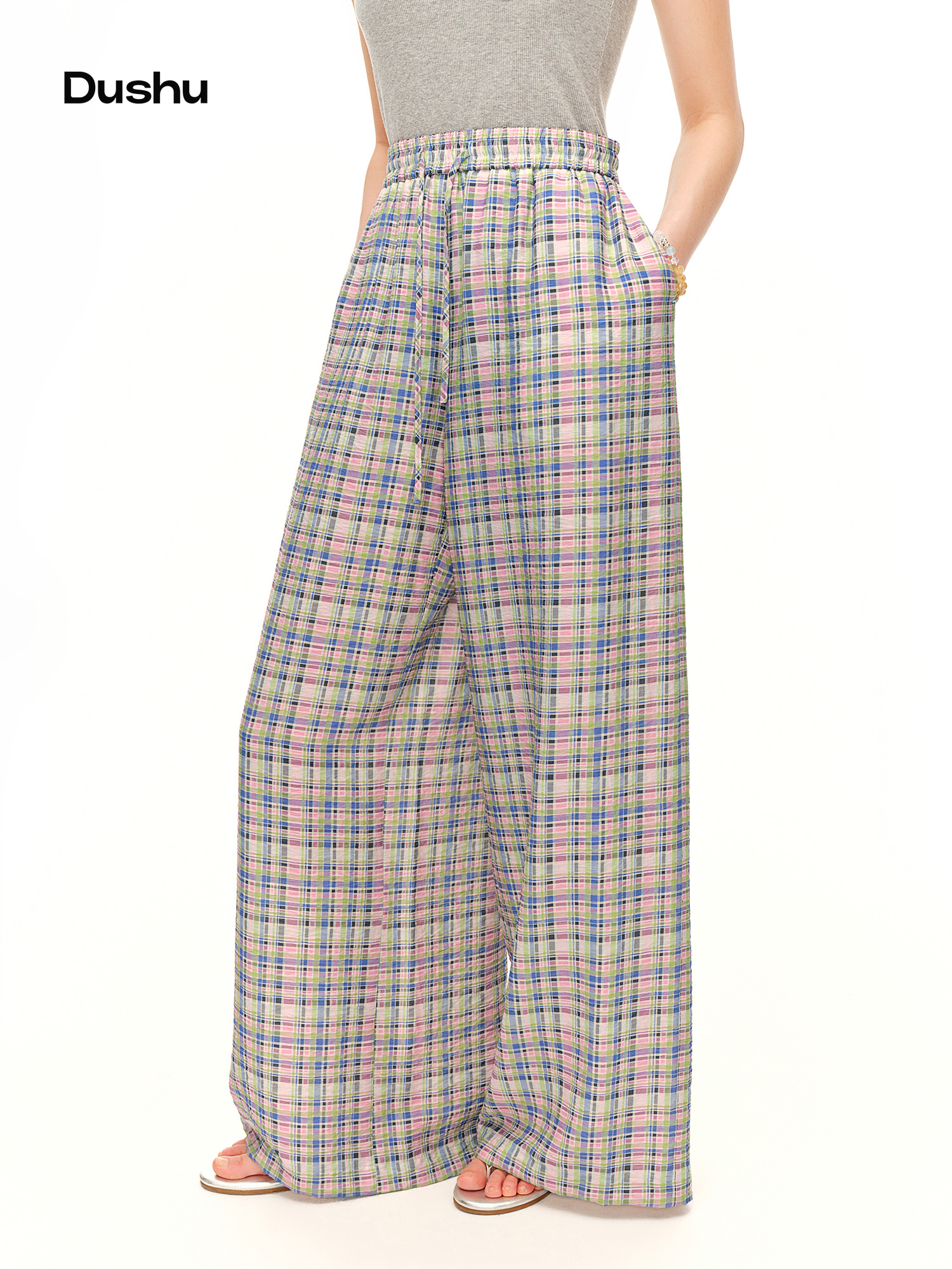 DUSHU 2026 Celana Panjang Wanita Model Draped Wide Leg, Celana High Waist Santai Panjang hingga Mata Kaki untuk Gaya Kasual yang Nyaman