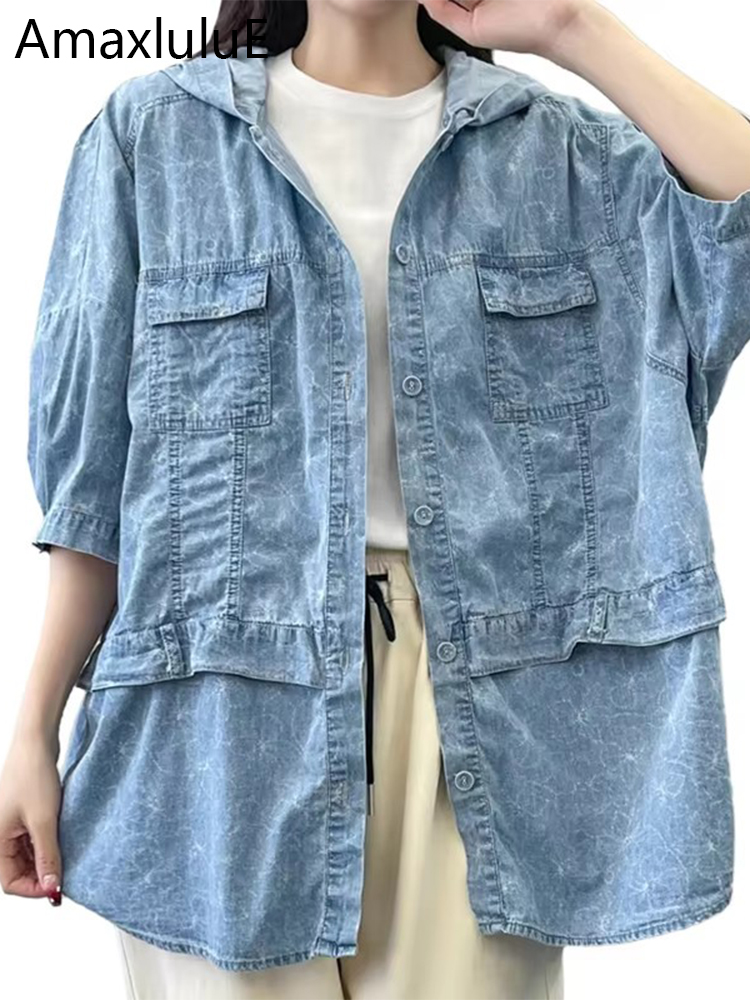 Amax luluE Top floreale con cappuccio in denim da donna estivo Camicie stampate oversize alla moda Camicette larghe casual da donna Abbigliamento in cotone