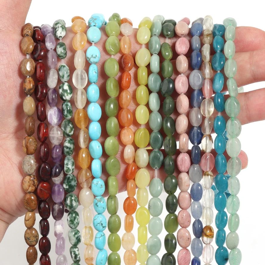 Cuentas de piedra Natural de aventurinas verdes, ágatas de ópalo, cuentas ovaladas planas para la fabricación de joyas, cuentas sueltas, accesorios para pulsera y collar DIY