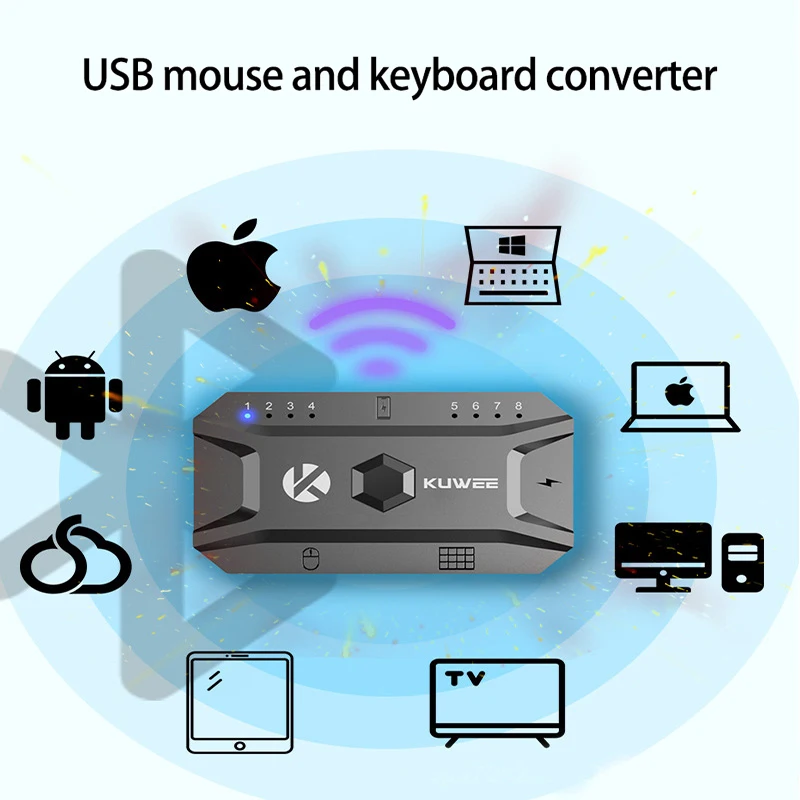 Convertidor Bluetooth 5,0, teclado y ratón con cable USB a adaptador de concentrador USB inalámbrico, compatible con 8 dispositivos para tableta, portátil y teléfono móvil