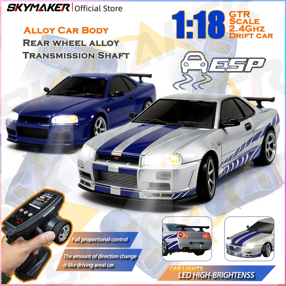 Carro RC de Drift 1/18 GTR R34 RWD LDRC LD1899 2.4G com Giroscópio ESP, Corpo em Liga Metálica, Faróis de Simulação LED, Hobby RTR, Carro de Corrida RC de Brinquedo