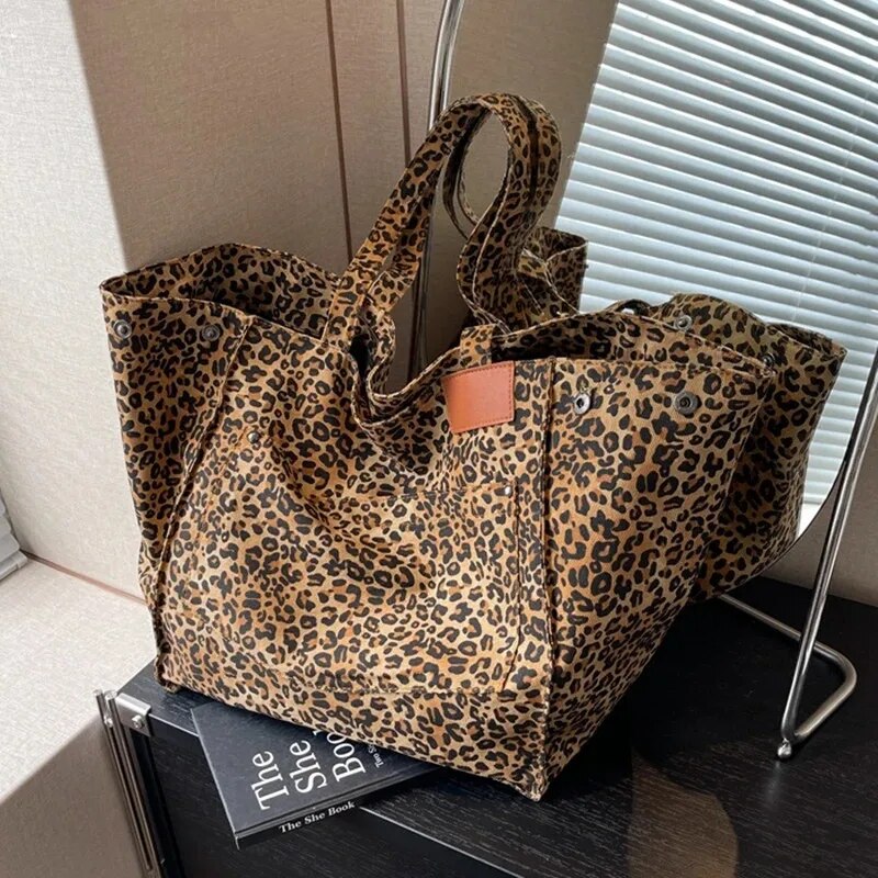 Leoparden muster Einkaufstasche Vintage Leinwand Umhängetasche Mode große Kapazität Handtasche für Schularbeit einkaufen