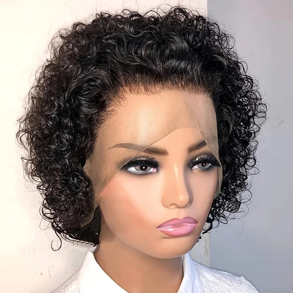 13X1 Pixie ตัด Curly Lace Wigs ผมมนุษย์สั้น Curly บราซิลผมมนุษย์ Wigs Deep Water Wave วิกผมสําหรับผู้หญิงสีดําผมมนุษย์