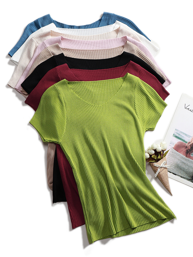 Pullover gestrickt Kurzarm gestrickte Pullover Frauen Frühling Sommer Dünne Grundlegende Feste Beiläufige Basis Weibliche stricken shirts 2024 Korea