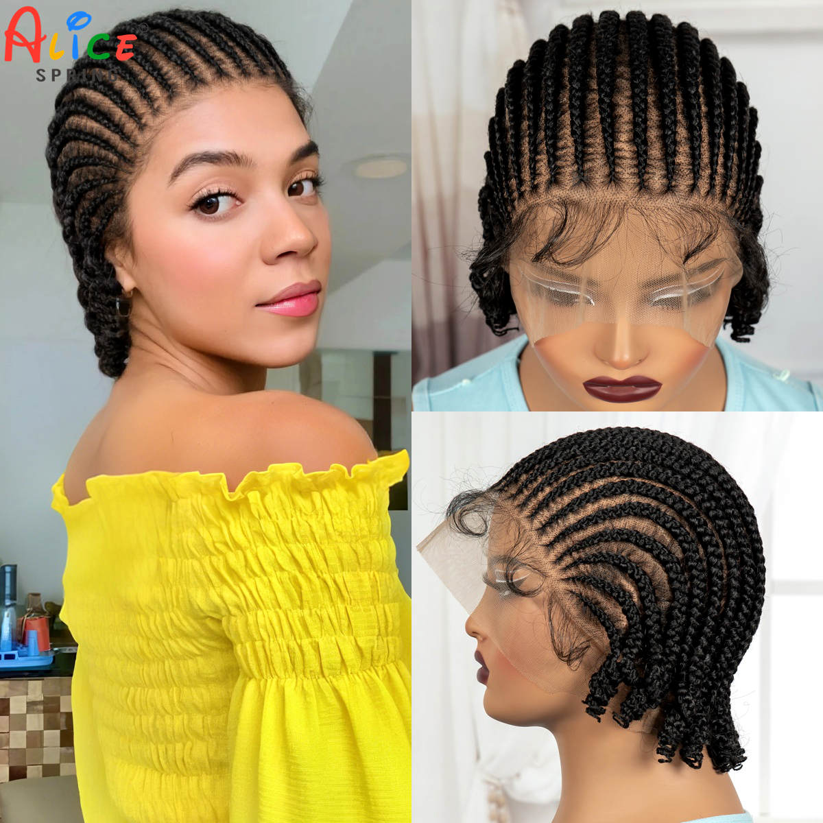 Pelucas Bob trenzadas de cornrow corto, peluca de encaje trenzado sintético completo con pelo de bebé, trenzas hechas a mano sin nudos, pelucas para mujeres negras