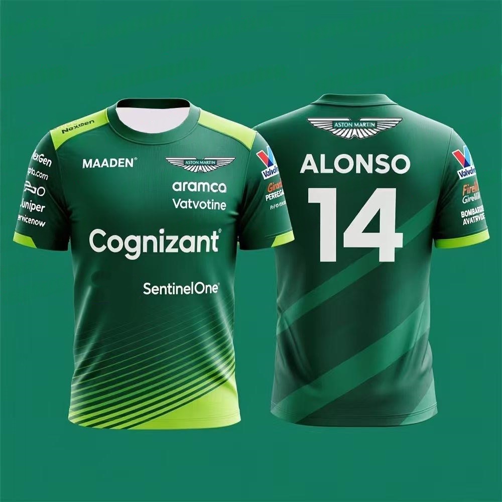 T-shirt a maniche corte Fernando Alonso 14 Kit Aston Martin Racing, ad asciugatura rapida, per moto, del marchio spagnolo