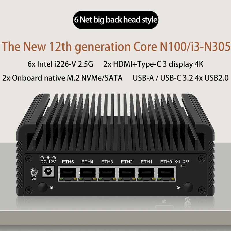 ファイアウォールアプライアンス,ファンレス,ミニPC,esxi proxmoxホスト,intel i3-N305,n100,ddr5,2 * nvme,2 * sata3.0,2.5g,12th gen,6 lan
