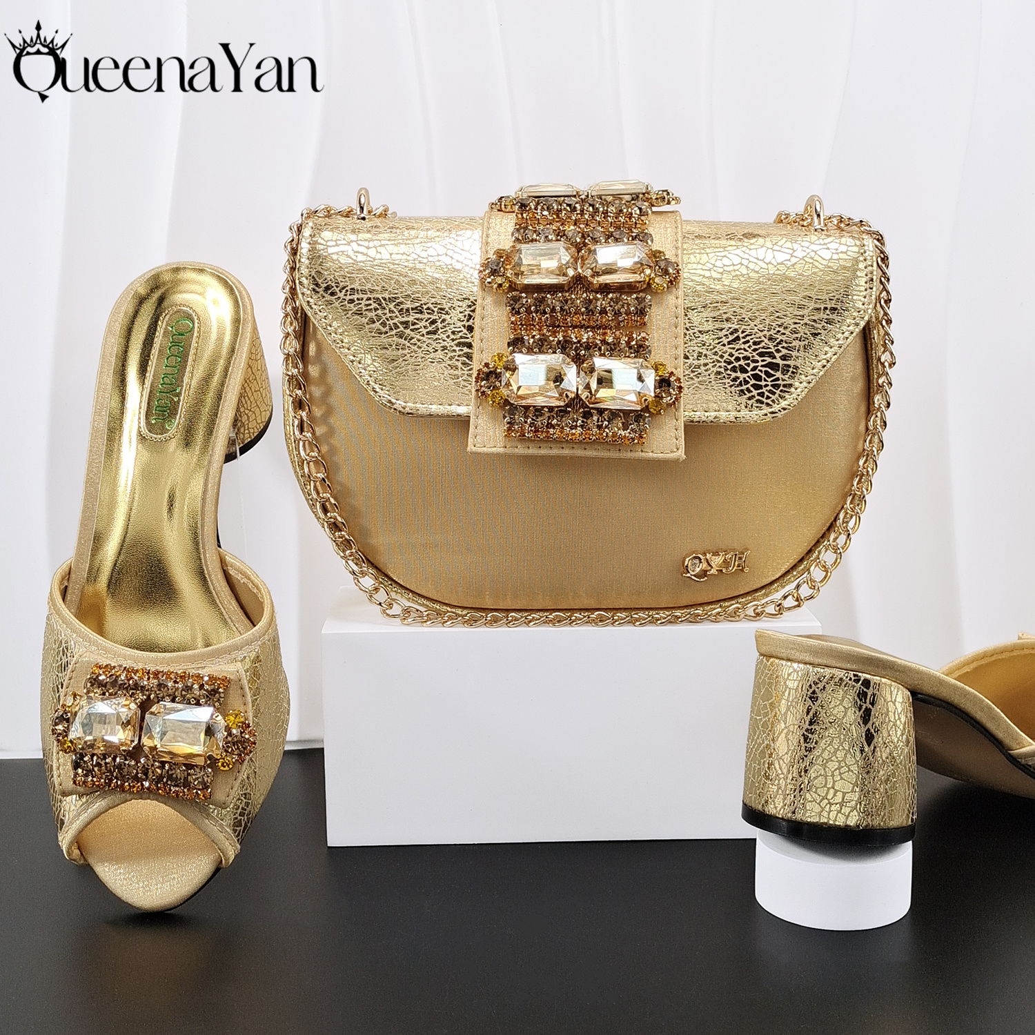 Queena Yan Italian Design Newest Fashion Mature Style Gold Color Women's High Heels with Diamond Oval Bag for Party Wedding