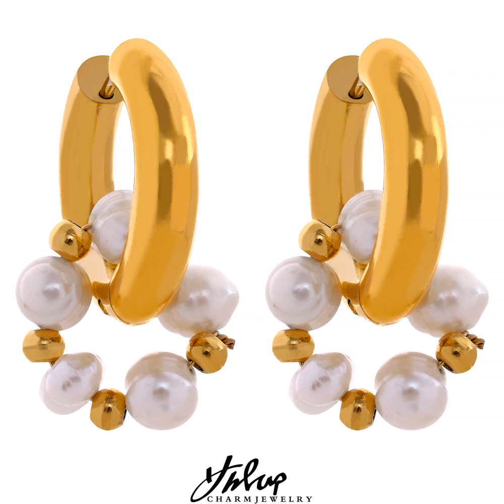 Yhpup fãs bem-estar estilo pérolas naturais aço inoxidável à prova dwaterproof água 18k cor de ouro moda huggie hoop brincos jóias para mulher