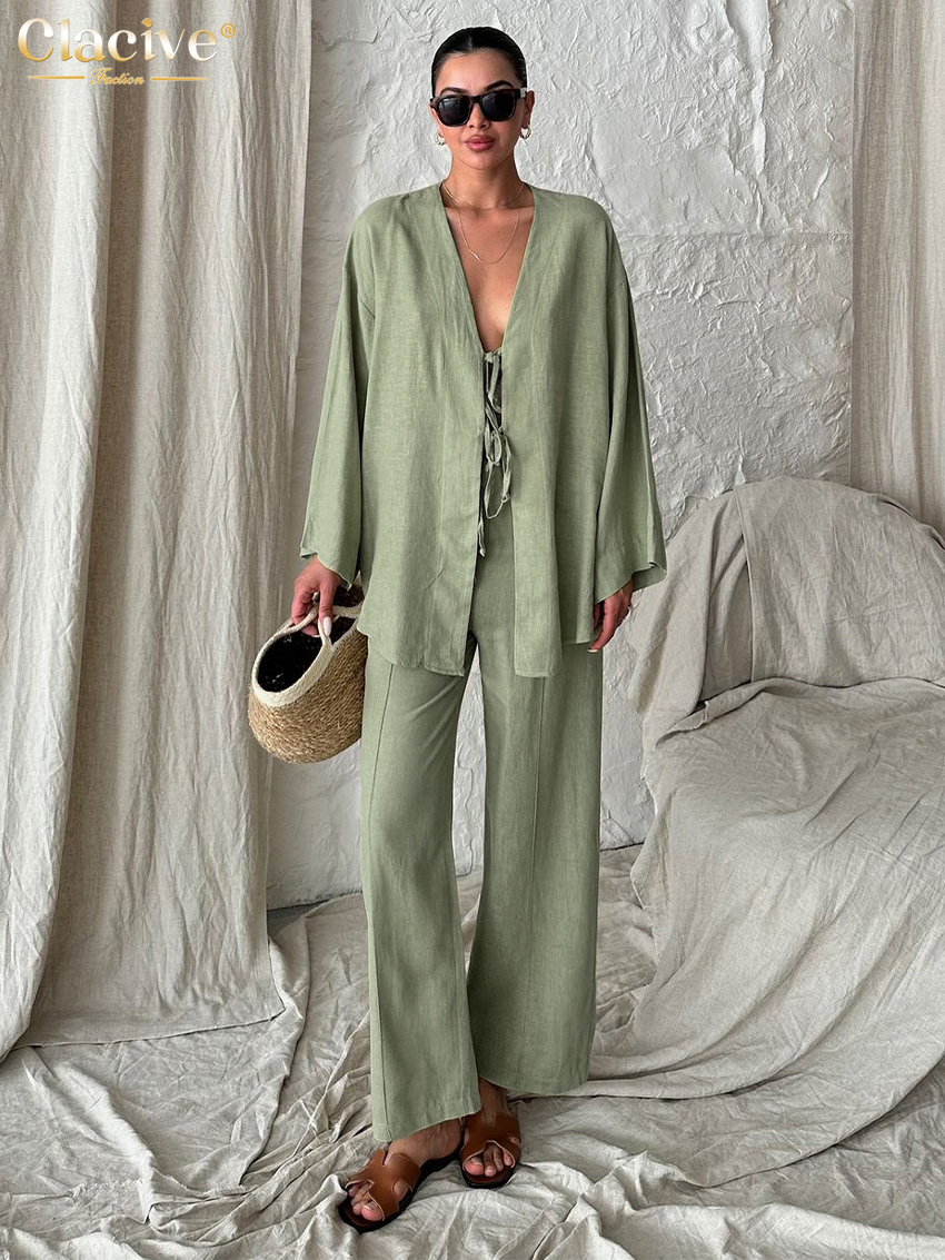 Clacive Fashion Свободный зеленый хлопковый комплект из 2 предметов Женский наряд 2024 Элегантная рубашка с длинным рукавом и широкими брюками с высокой талией Женский комплект