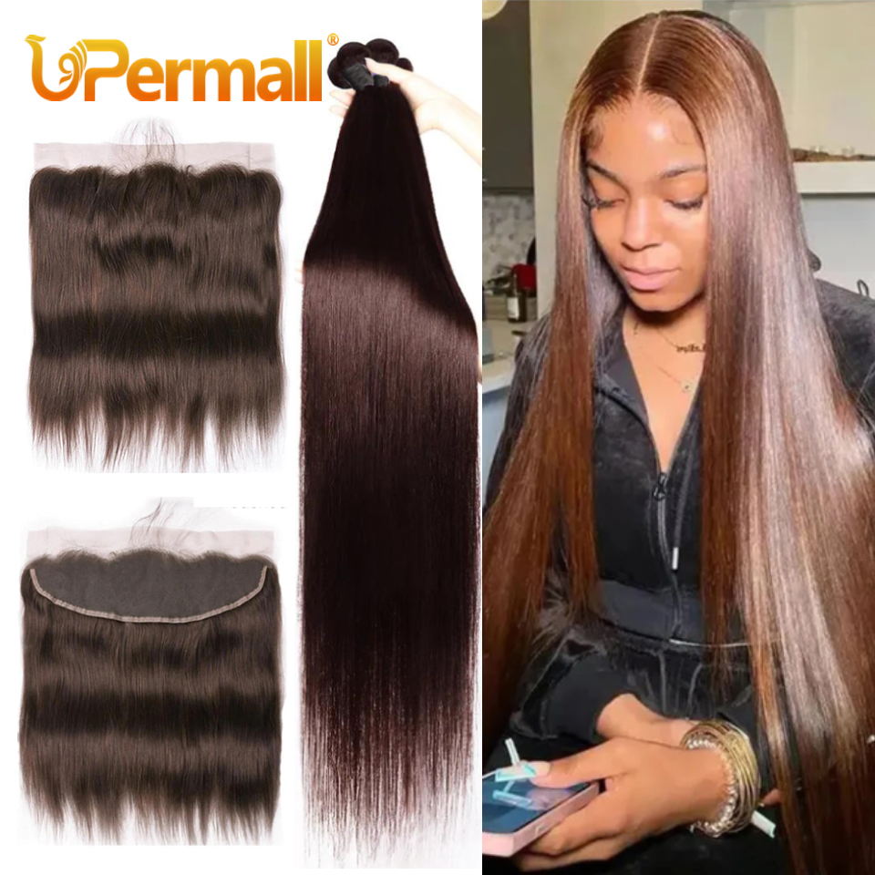 Upermall 2/3/4 pacotes de cabelo humano reto com frontal 13x6 chocolate marrom orelha a orelha transparente 13x4 fechamento de renda e pacote