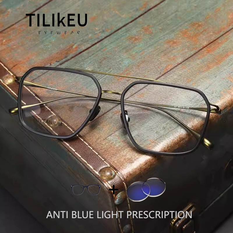 Double Bridge Pure Titanium Ultralight Retro Pilot Square Eyeglasses Frame Fashion Men Prescription Glasses Women Luxury Eyewear