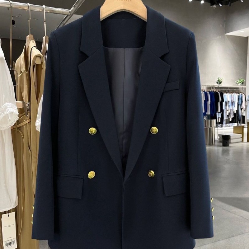 Damesjack Casual Blazers Marineblauwe Premium Single-Breasted Revers Los Nieuwe Kantoorarbeidersjas Voor Dames Outwear