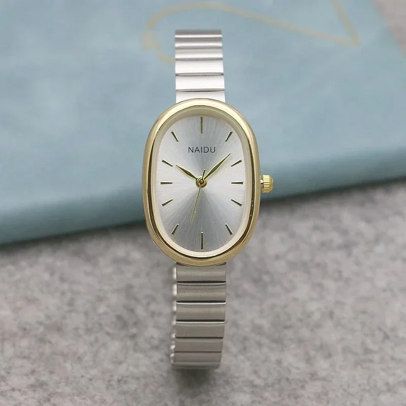 Oval pequeno mostrador feminino relógio de quartzo aço inoxidável pulseira de bambu menina estudante lazer moda luxo presente relógio de pulso dropshipping