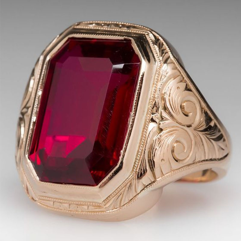 Vintage Gold Color Red Geometric Crystal Zircon Finger Rings for Men Women Luxury Party Engagement Wedding Jewelry Wholesale
