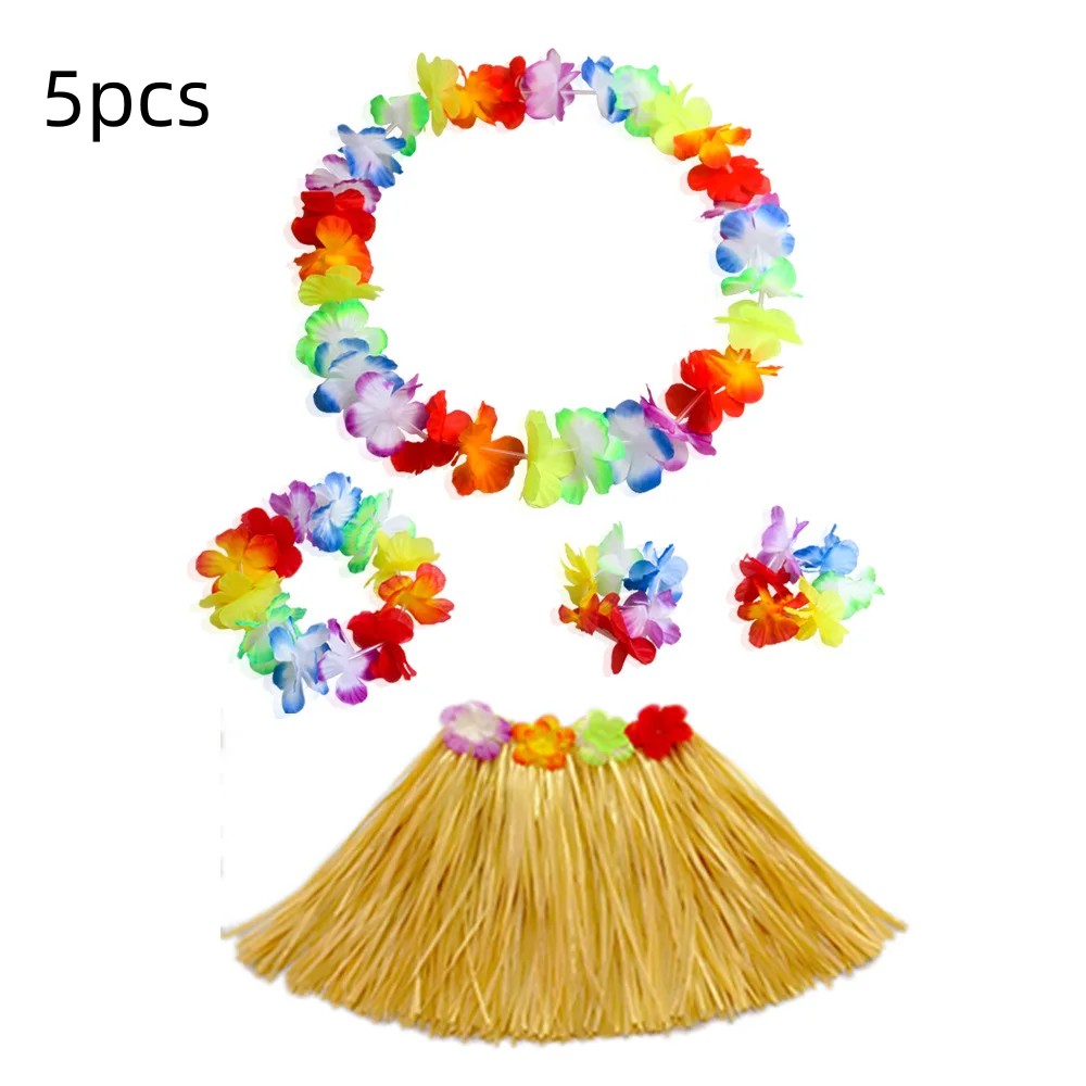 Rok dansa Hawaii dengan kostum Leis, rumput Luau elastis, gelang bunga Hawaii, ikat kepala, kalung, 40cm, 5 buah 6 buah